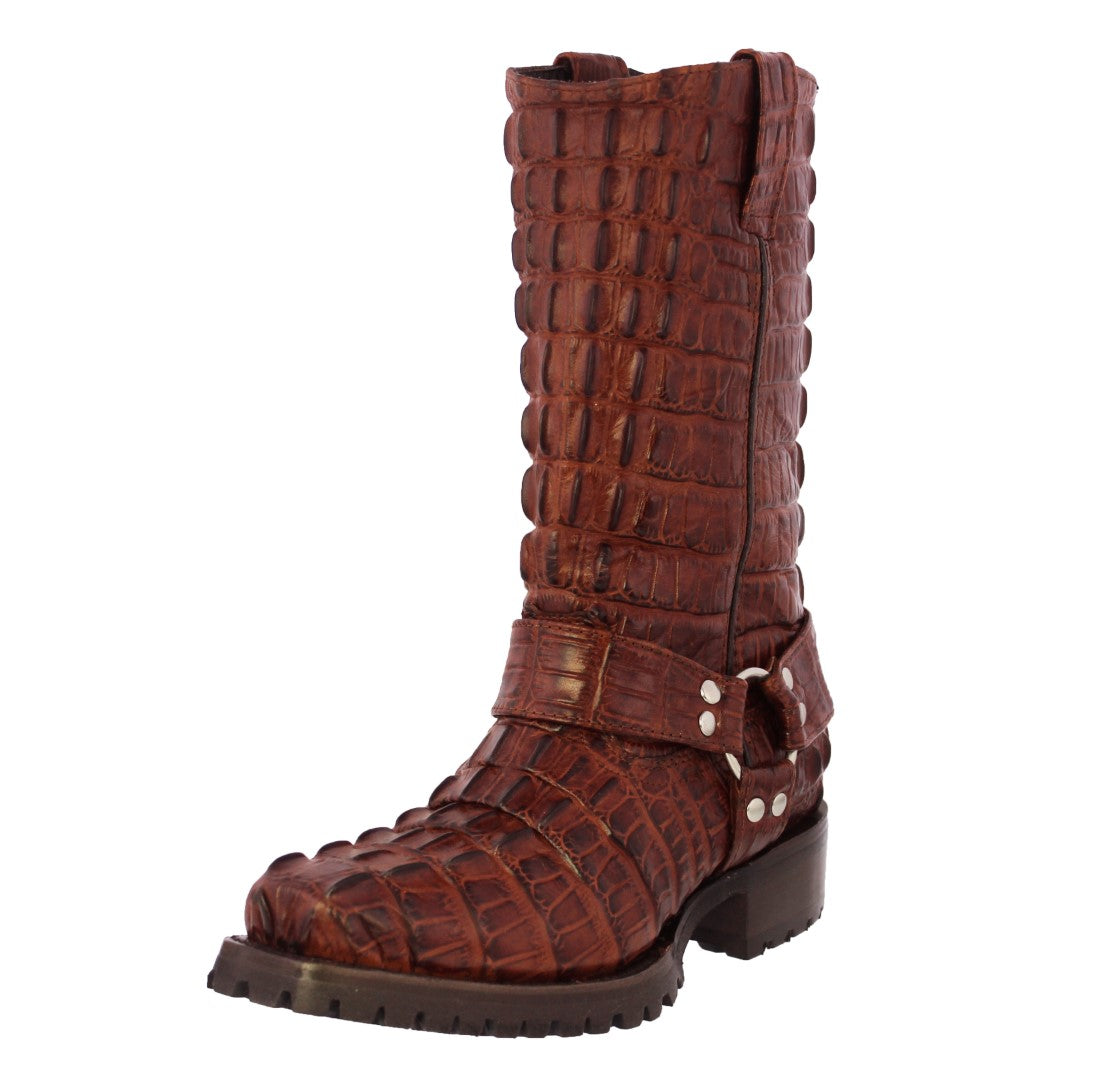 Mens Cognac Motorcycle Boots Crocodile Tail Print Square Toe Cowboy Boot Pro