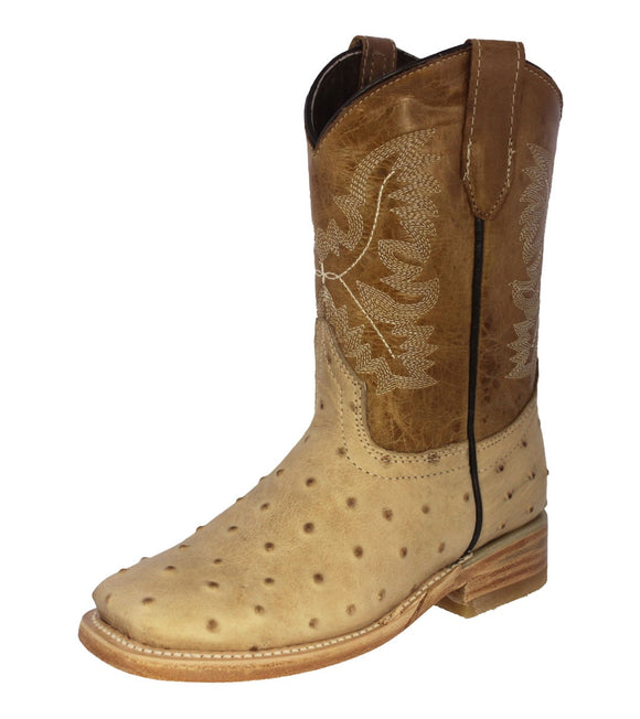 Kids Toddler Sand Ostrich Quill Print Cowboy Boots - Square Toe