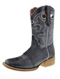 Women's Denim Blue Mid Calf Leather Pull On Cowboy Boots Square Toe - CP2