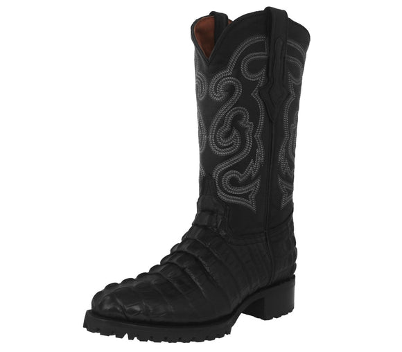 Mens Black Motorcycle Boots Crocodile Tail Print - Round Toe