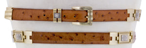 Cognac Genuine Ostrich Quill Skin Cowboy Thin Belt - Gold Links