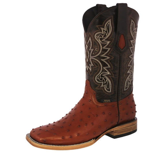 Mens Cognac Cowboy Boots Ostrich Quill Print Leather - Square Toe