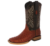 Mens Cognac Cowboy Boots Ostrich Quill Print Leather - Square Toe