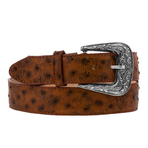 Cognac Western Cowboy Belt Ostrich Print Leather - Silver Buckle