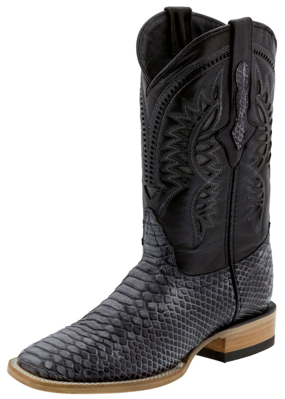 Mens Black Gray Snake Print Leather Cowboy Boots - Square Toe