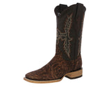 Mens Cognac Cowboy Boots Floral Hand Toole Leather - Square Toe