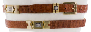 Cognac Genuine Crocodile Skin Cowboy Thin Belt - Gold Links