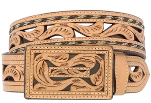 Tan Western Cowboy Belt Braided Tooled Leather - Rodeo Buckle