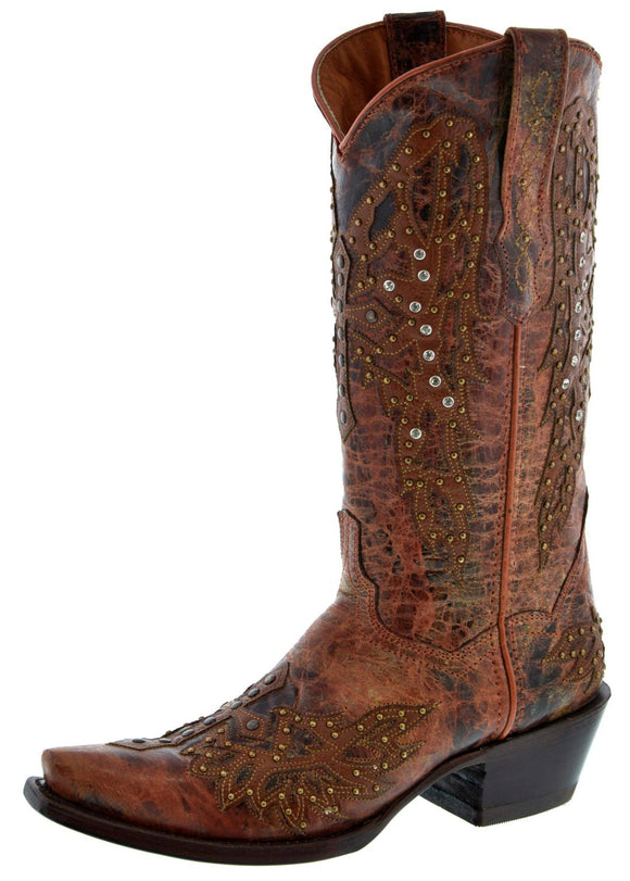 Womens Angels Cognac Leather Cowboy Boots Studded - Snip Toe