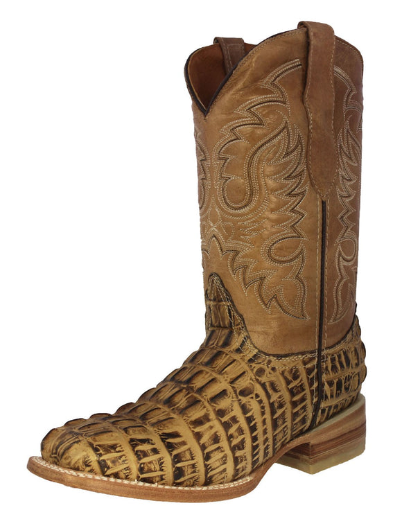 Mens Rustic Sand Alligator Tail Print Leather Cowboy Boots Square Toe