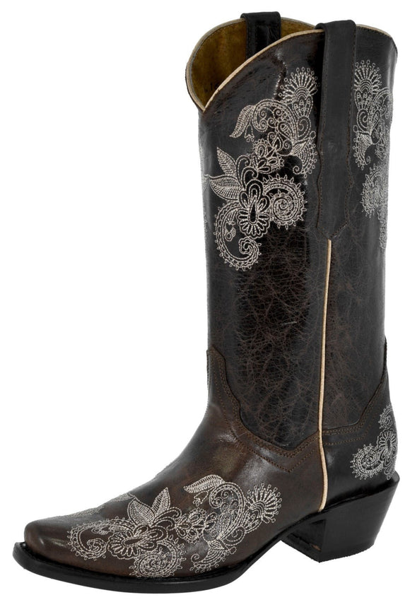 Womens Holly Dark Brown Cowboy Boots Floral Embroidered - Square Toe