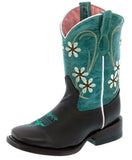 Kids Teal & Dark Brown Western Cowboy Boots Floral Leather - Square Toe