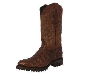 Mens Brown Motorcycle Boots Crocodile Back Cut Print - Round Toe