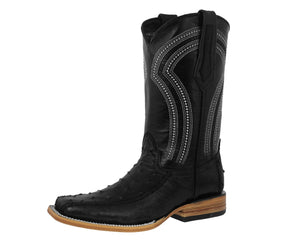 Mens Black Cowboy Boots Ostrich Print Leather - Long Square Toe