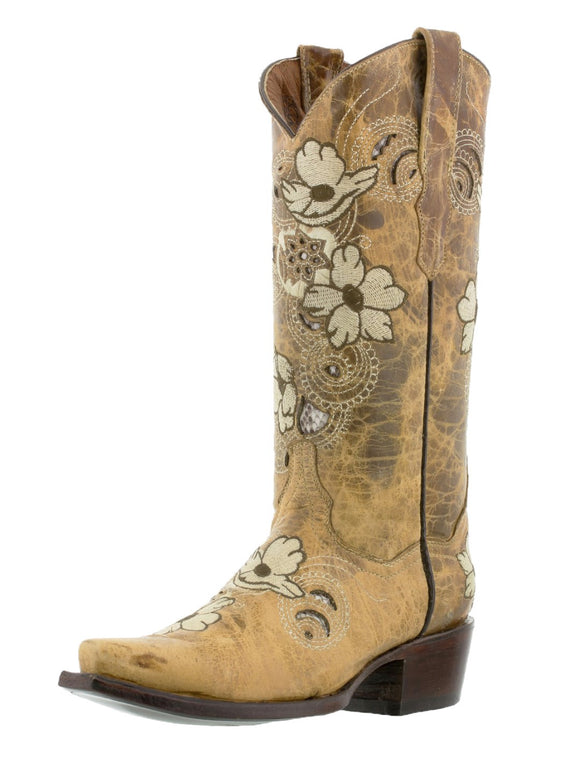 Womens Noruega Sand Leather Cowboy Boots Floral - Snip Toe