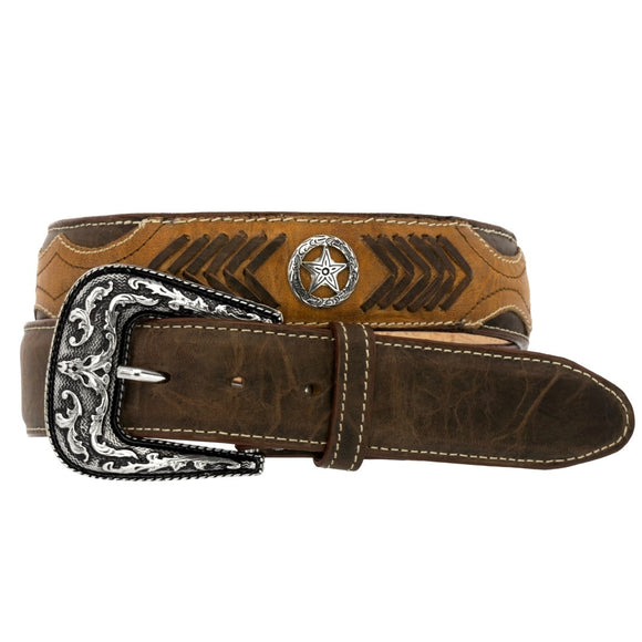 Dark Brown Western Cowboy Leather Belt Ranger Concho - Silver Buckle