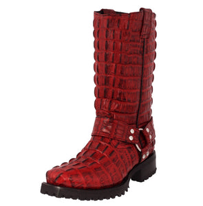 Mens Red Motorcycle Boots Crocodile Tail Print - Square Toe