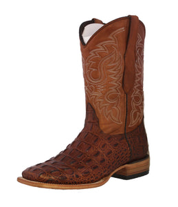 Mens Cognac Alligator Back Print Leather Cowboy Boots Square Toe