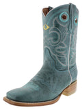Women's Turquoise Mid Calf Leather Pull On Cowboy Boots Square Toe - CP2