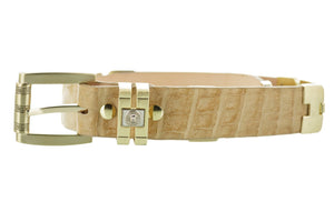 Men's Sand Genuine Crocodile Skin Leather Belt Golden Links