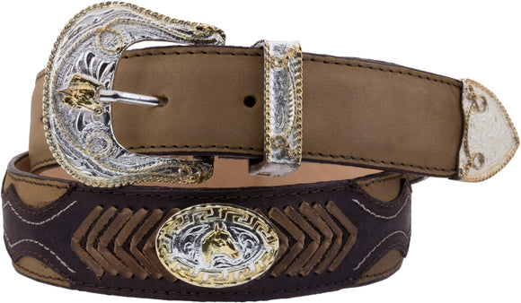 Honey Brown Western Cowboy Leather Belt Horse Concho - Silver Buckle