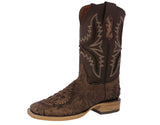 Mens Brown Cowboy Boots Crocodile Hand Tooled Leather - Square Toe