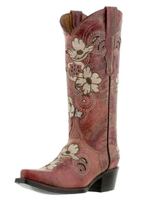 Womens Noruega Red Leather Cowboy Boots Floral - Snip Toe