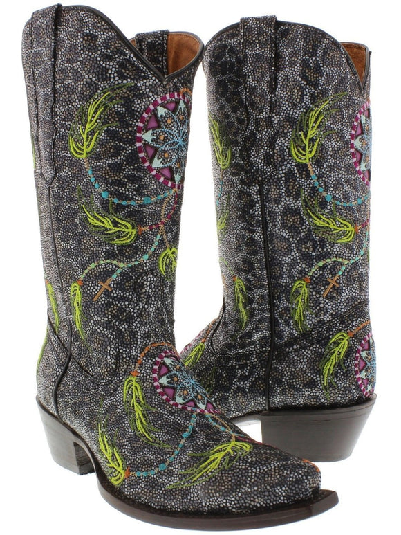 Women's Exotic Leopard Print Cowboy Boots Real Leather Dream Catcher Snip Toe