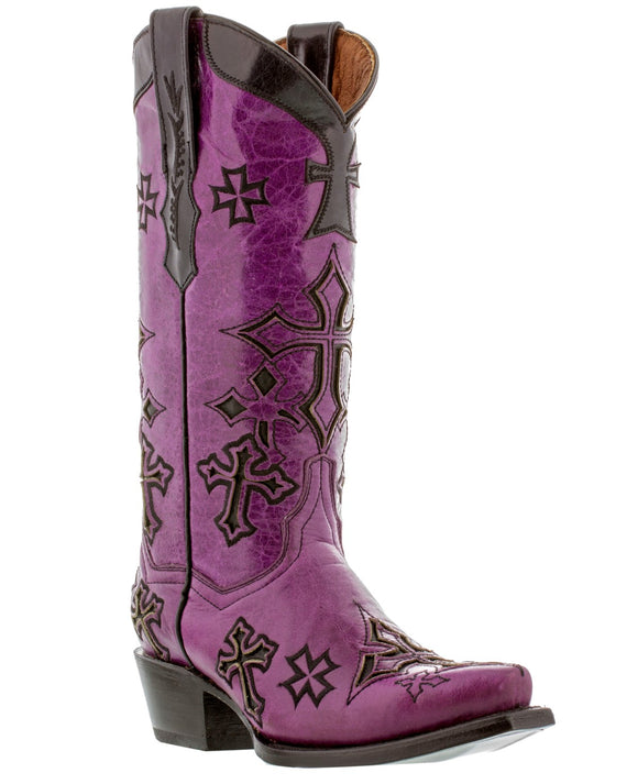 Women's Cruz Purple Cross Design Leather Cowgirl Boots - Snip Toe