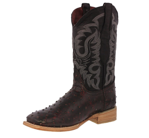 Mens Black Cherry Ostrich Quill Print Leather Cowboy Boots Square Toe