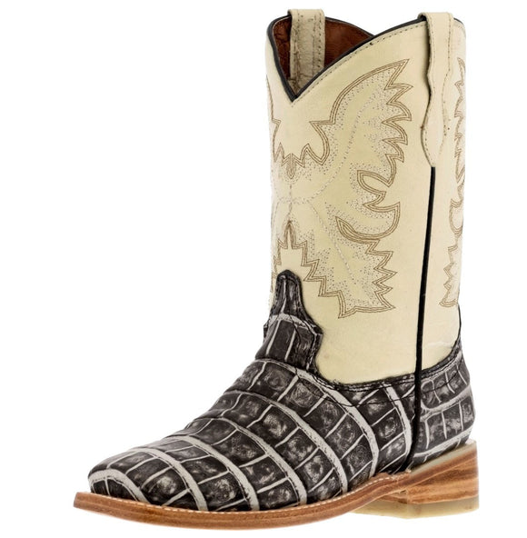 Kids Unisex Western Boots Alligator Pattern Leather Off White Square Toe Botas