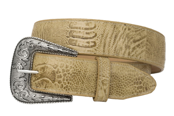 Sand Western Cowboy Belt Ostrich Leg Print Leather - Silver Buckle