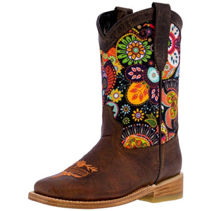 Kids Rustic Brown Western Cowboy Boots Paisley Floral Square Toe