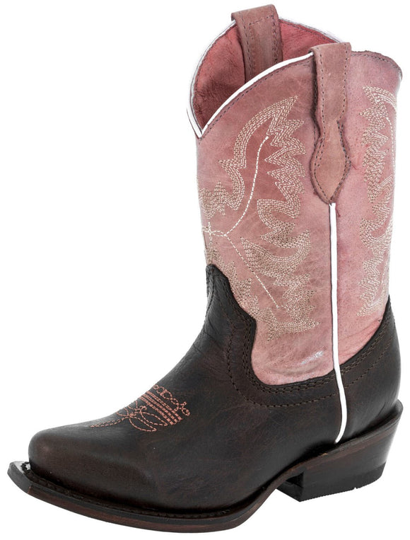 Girls Pink & Dark Brown Stitched Leather Cowgirl Boots - Snip Toe