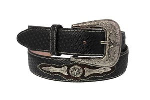 Black Western Cowboy Leather Belt Ranger Concho - Silver Buckle