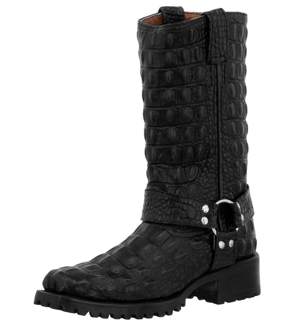 Mens Black Motorcycle Boots Crocodile Back Print - Square Toe