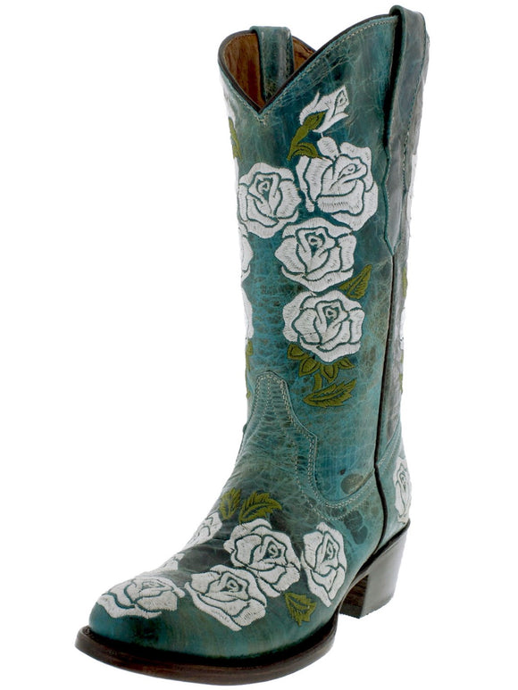 Womens Rosal Turquoise Leather Cowboy Boots - Round Toe