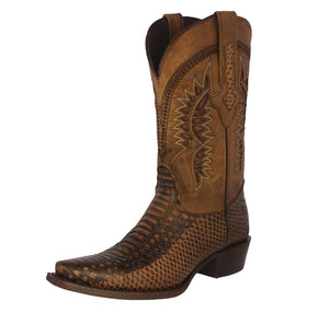 Mens Honey Brown Snake Print Leather Cowboy Boots - Snip Toe