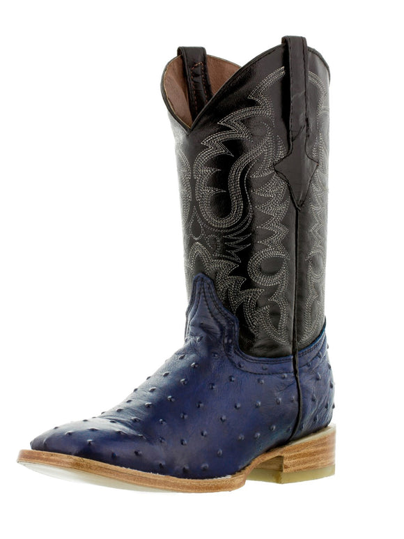 Mens Blue Ostrich Quill Print Leather Cowboy Boots Square Toe