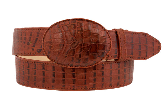 Men's Cognac Crocodile Belly Print Genuine Leather Belt Round Buckle