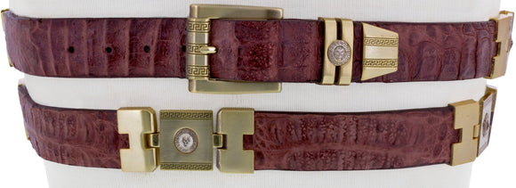 Men's Burgundy Real Crocodile Skin Cowboy Belt Gold Links