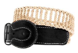 Black Western Cowboy Leather Belt Braided Rope Cinto - Rodeo Buckle