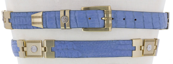 Mens Baby Blue All Real Crocodile Skin Cowboy Belt Gold Links