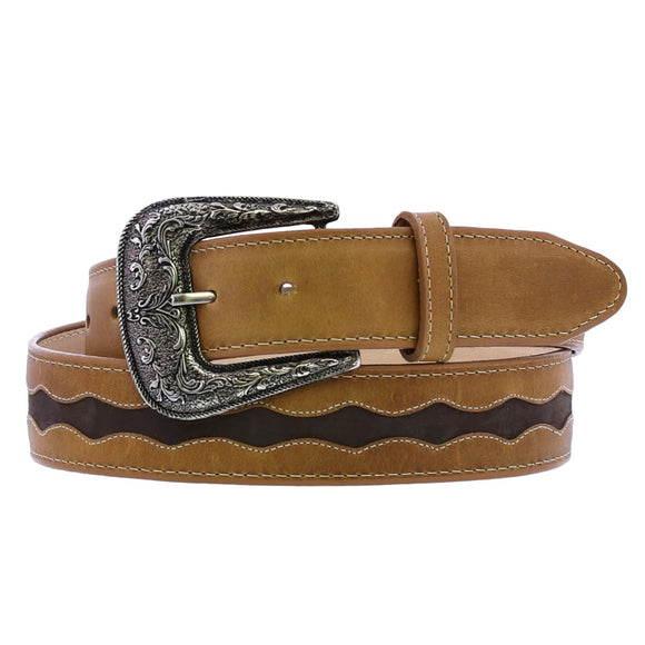 Honey Brown Western Cowboy Belt Overlay Leather - Silver Buckle