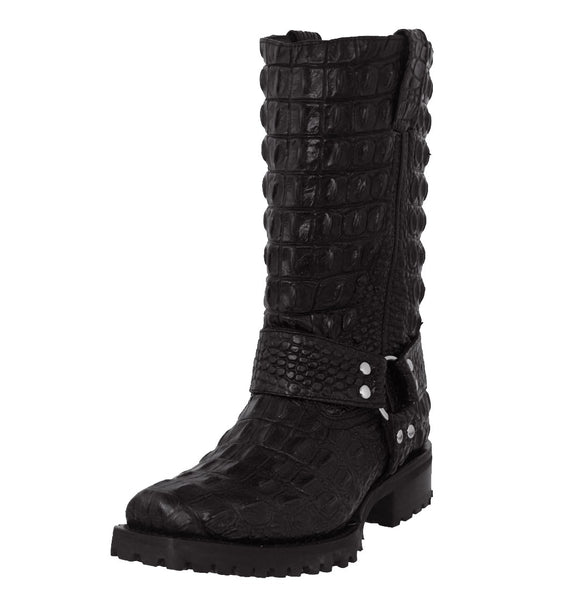 Mens Black Motorcycle Boots Crocodile Back Print - Square Toe