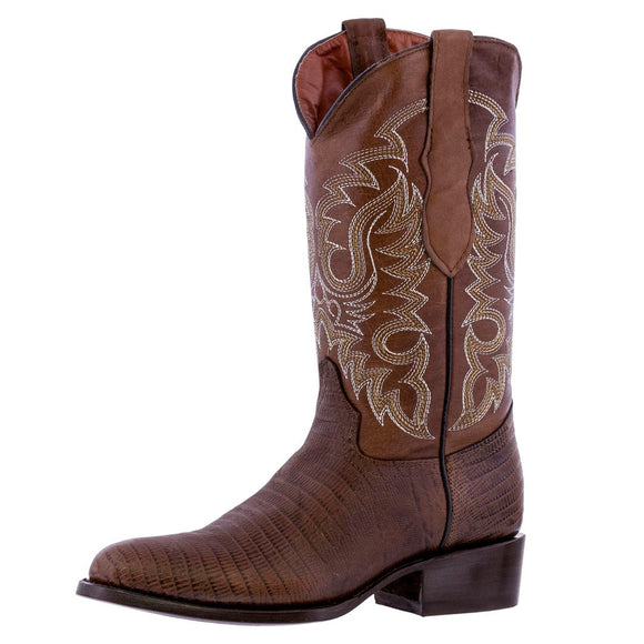 Mens Brown Teju Lizard Print Leather Cowboy Boots Round Toe