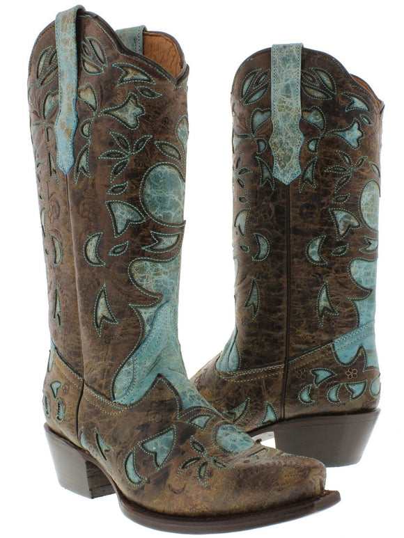 Womens 830 Turquoise Overlay Leather Cowboy Boots Snip Toe