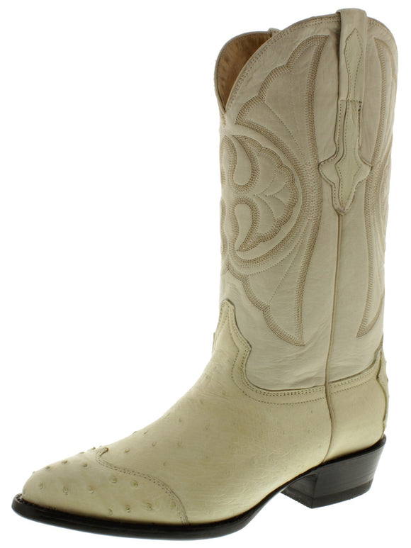 Mens Off White Ostrich Skin Leather Cowboy Boots - J Toe