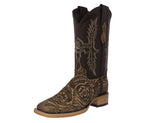 Mens Sand Cowboy Boots Floral Hand Toole Leather - Square Toe