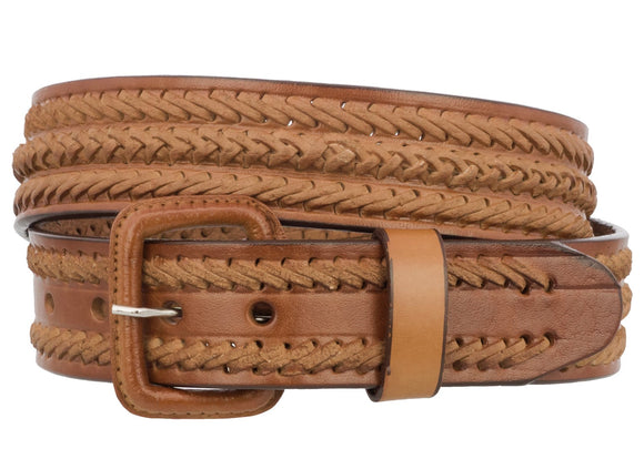 Mens Braided Cowboy Belt Removable Buckle Authentic Leather Rodeo Western Cognac